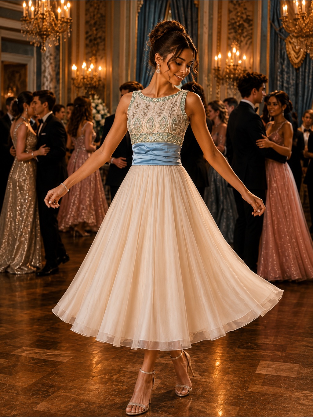 Embellished Bodice Tea-Length Tulle Dress With Blue Sash